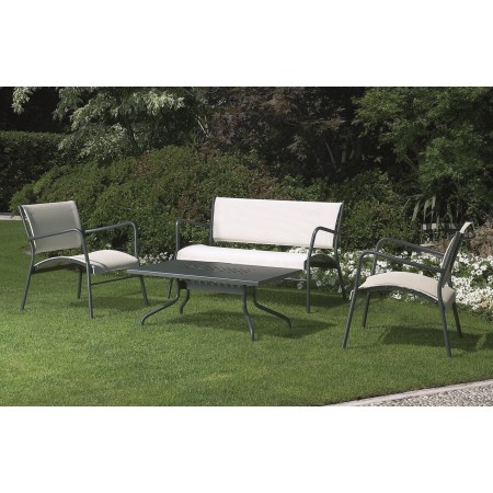 Salotto da giardino con poltrona Polo P, divano Polo e tavolino Polo T, made in Italy, in metallo antiruggine