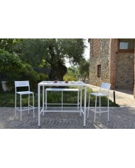 Sgabello in metallo impilabile, made in Italy, altezza seduta 75 cm, bianco, con tavolo modello Dorio Alto