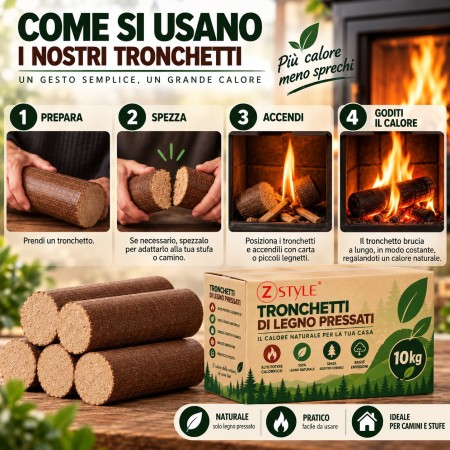 Tronchetti di Legno Pressato ZStyle – Bricchetti per Camino e Stufa